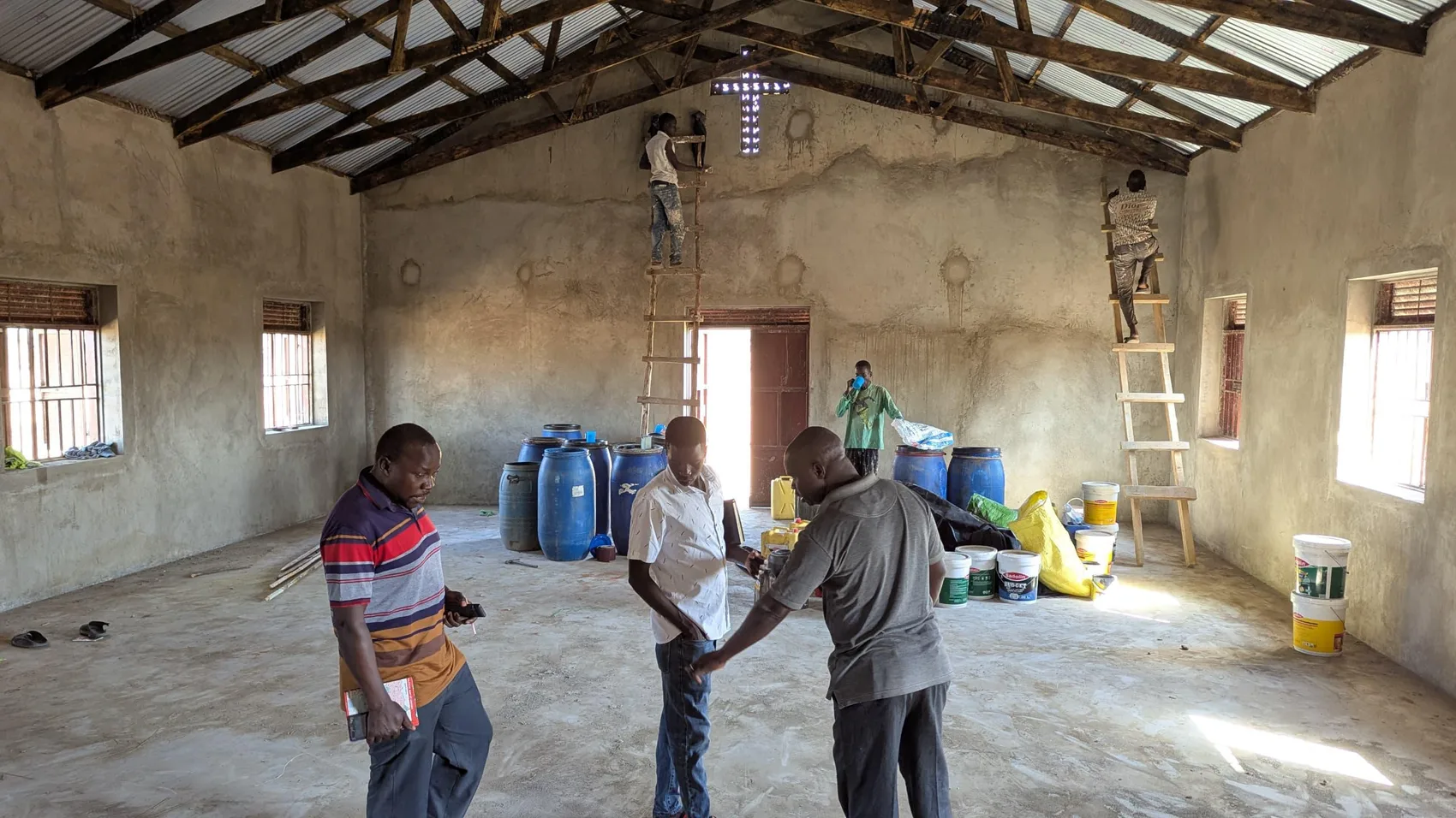 The interior of a community church under construction